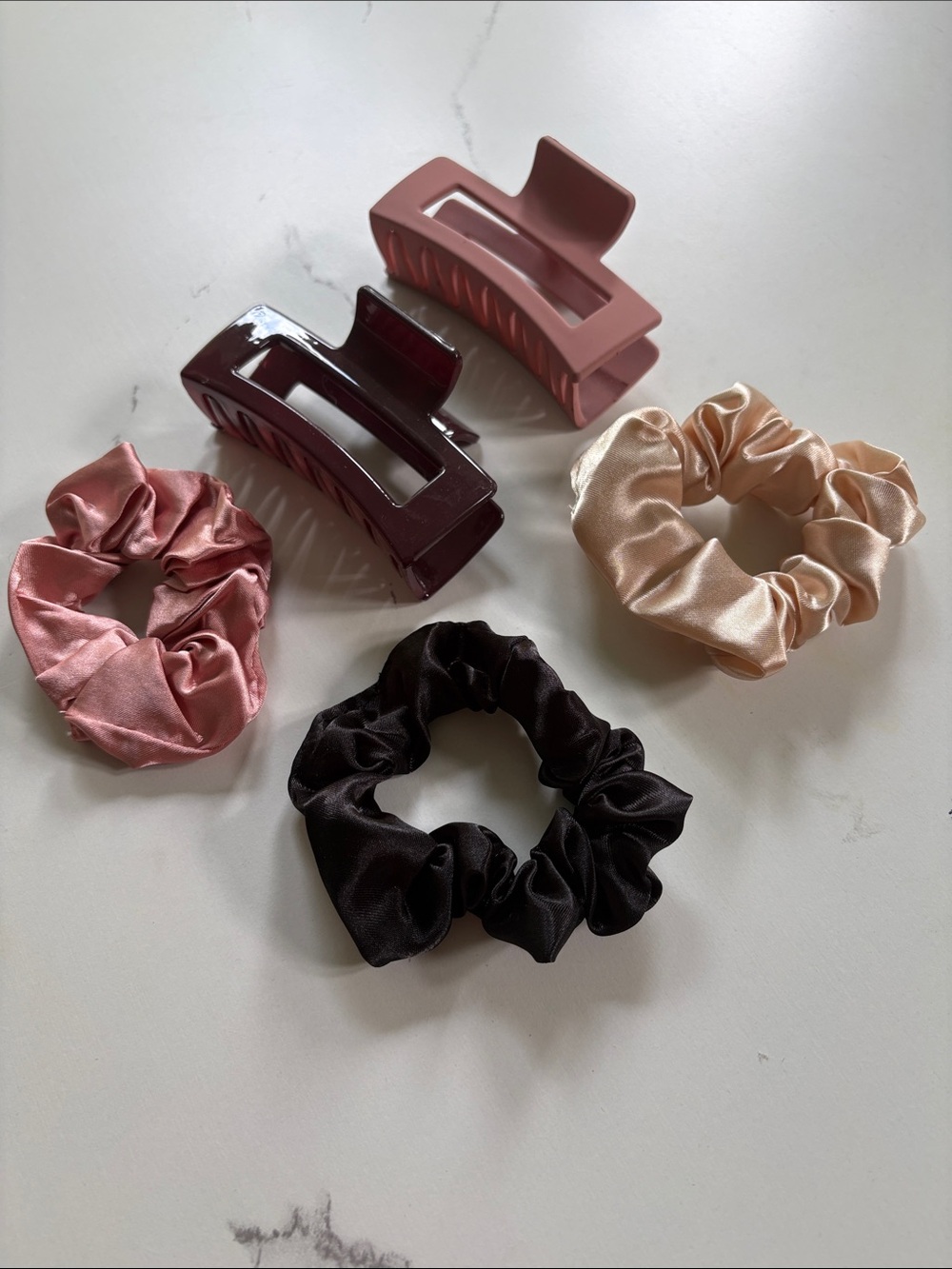 Everyday Satin Scrunchie Set with Matte Hair Claws - Pink, Beige, Black